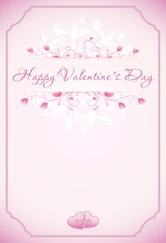 Happy Valentines Day Card with ornament, hearts, flowers, frame and arrow in pink color