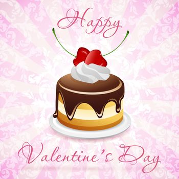 Happy Valentine's Day Card with Cake and Pink Background