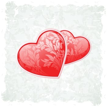 Grungy Valentine's Day Background with Two Floral Hearts