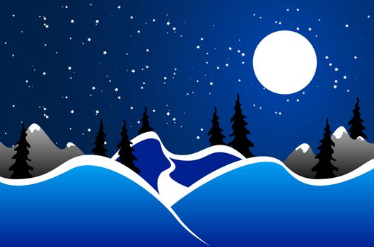 winter background, moon, fir-tree silhouette, nature, snow