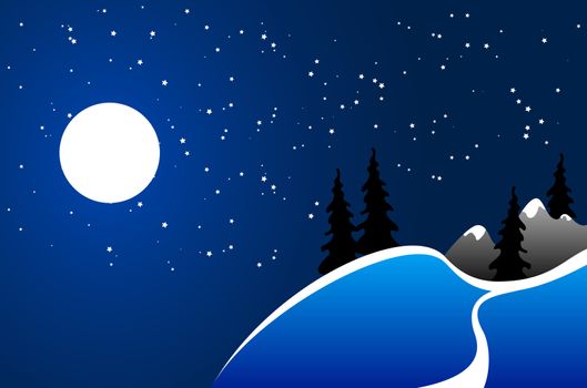 winter background, moon, fir-tree silhouette, nature, snow