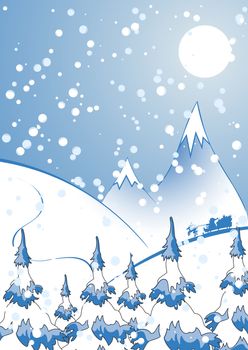 winter background, rocks, fir-tree silhouette, nature, snow, santa
