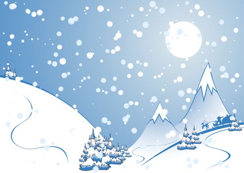 winter background, rocks, fir-tree silhouette, nature, snow, santa