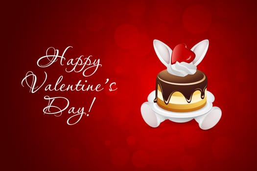 Valentine's Day Card with Rabbit and Cake on Red  Background