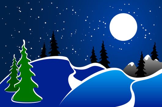 winter background, moon, fir-tree silhouette, nature, snow