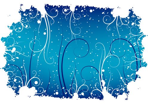 Abstract winter grunge background with flakes and scrolls