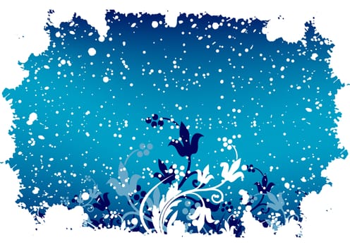 Abstract grunge winter background with flakes and flowers in blue color