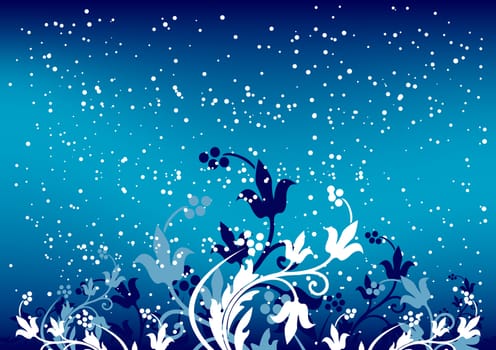 Abstract winterbackground with flakes and flowers in blue color