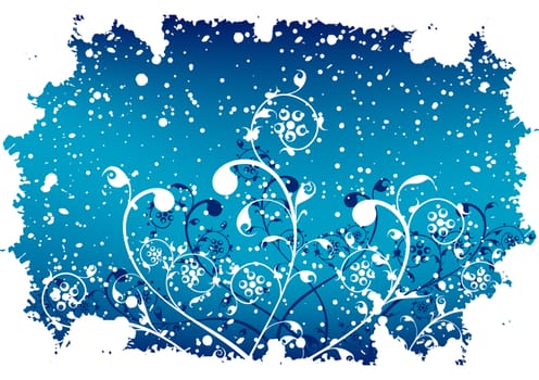 Abstract grunge winter background with flakes and flowers in blue color