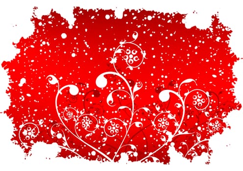 Abstract grunge winter background with flakes and flowers in red color