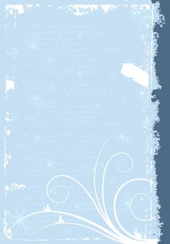 Grunge winter background with scrolls and snowflakes