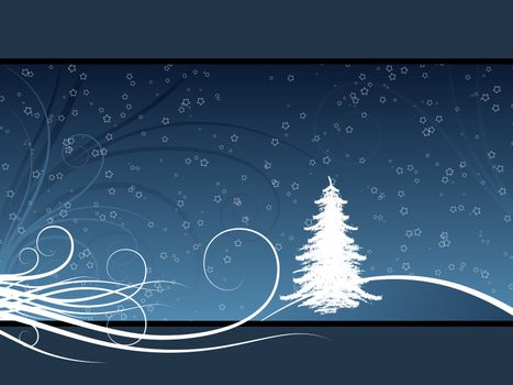 Abstract winter background with christmas tree and rays