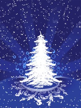 Abstract winter background with christmas tree and rays
