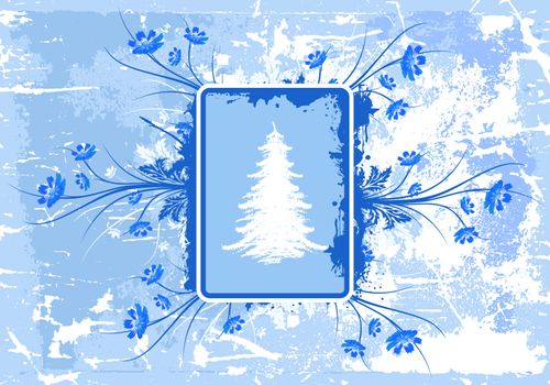 Abstract grunge background with Christmas tree and blue flowers