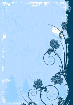 Abstract grunge background with Christmas tree and flowers