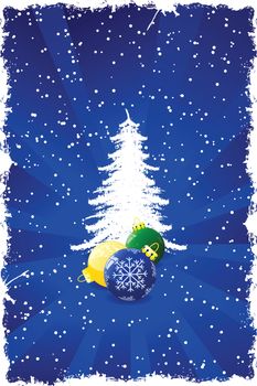 Grunge background with Christmas tree toys rays and snow