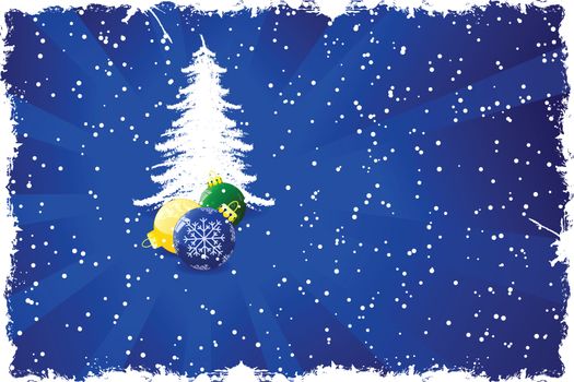 Grunge background with Christmas tree toys rays and snow