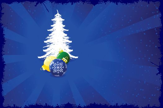 Grunge background with Christmas tree toys rays and snow