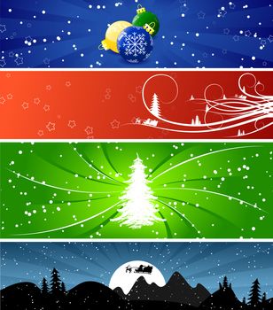 Four color Winter Christmsa banners with trees, snow and flakes