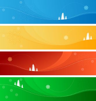 Four color Winter Christmsa banners with trees, snow and flakes