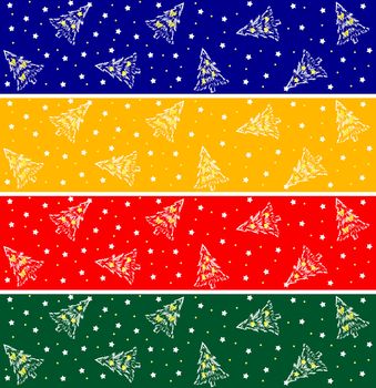 Four color Winter Christmsa banners with trees, stars and snow