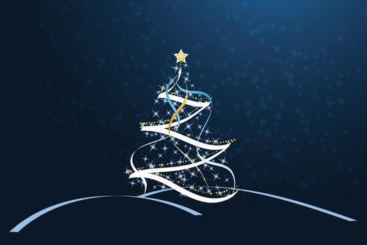 Christmas trees made out of stars dots and ribbons against a dark blue "night-sky" background