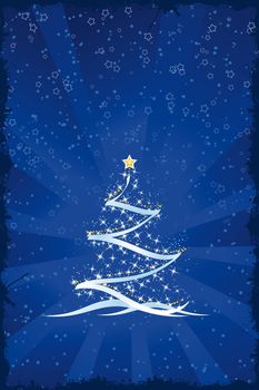 Grunge Christmas tree with star and decoration in dark blue