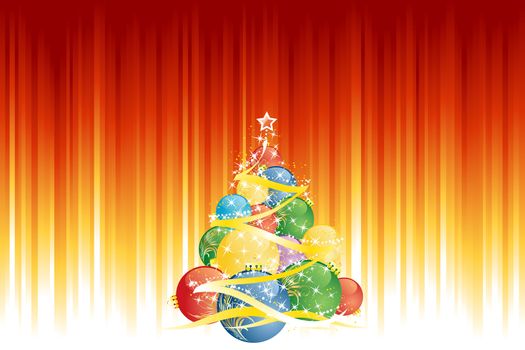 Magic Christmas ball tree and vertical red golden stripes in background