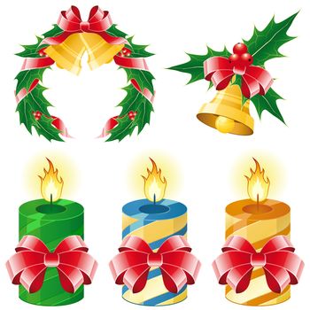Christmas icon set of five element - bell candles wreath