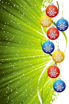 Christmas background with balls and stripes in green color