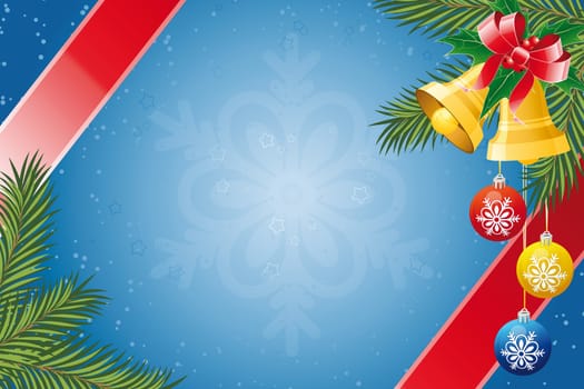 Christmas background with bells balls and fir-tree