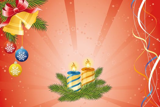 Christmas abstract background with bell and candles in rays