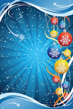 Abstract Blue Christmas Background with waves and baubles