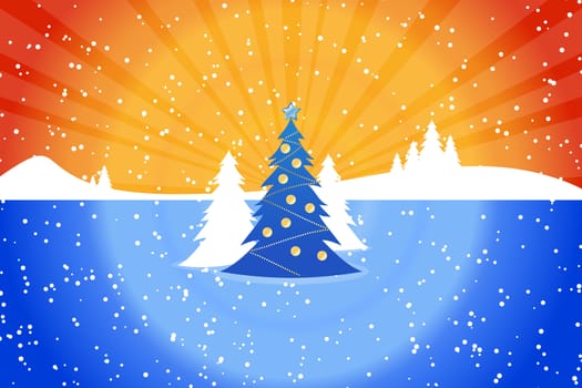 Abstract Christmas landscape with fir tree and rays