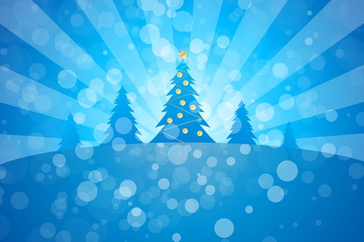 Winter Christmas trees with rays in blue color