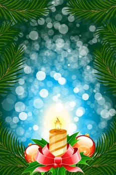 Winter Christmas card with balls and candle in blue color