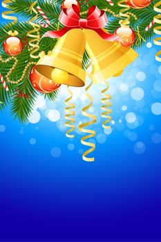 Illustration of christmas fir tree with bells and decoration on abstract blue background