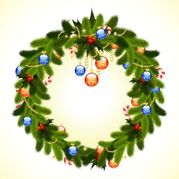 Christmas Wreath with fir-tree mistletoe and decoration for your design
