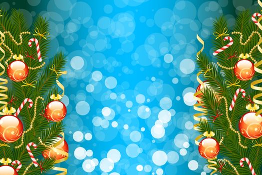 Illustration of christmas fir tree with baubles and sparkles on abstract background