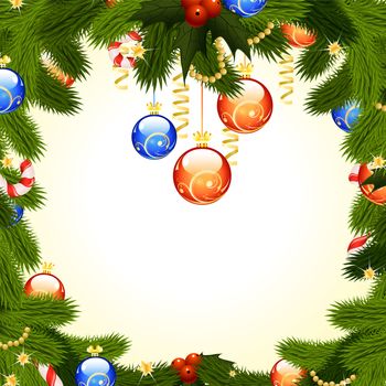 Christmas Frame with fir-tree mistletoe and decoration for your design