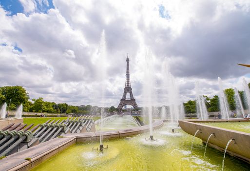 The Eiffel Tower on a beautiful summer day as seen from Trocadero Gardens.
