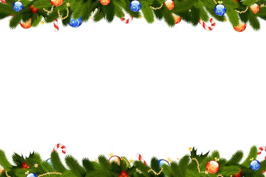 Christmas frame with fir-tree decoration and mistletoe isolated on white backgrond