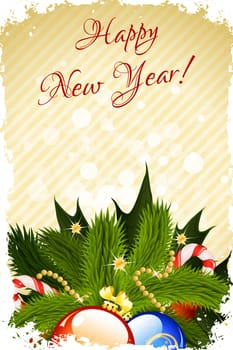 Grunge Happy New Year Greeting Card with Decoration
