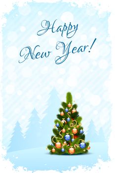 Grungy Happy New Year Card with Christmas Tree and Decorations