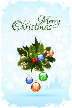 Merry Christmas Greeting Card with Christmas Trees and Decorations