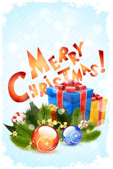 Merry Christmas Greeting Card with Presents and Decorations