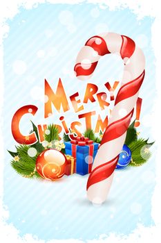 Merry Christmas Greeting Card with Presents and Candy Cane