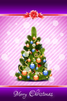 Merry Christmas Greeting Card with Fir-tree and Decorations