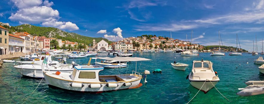 Idyllic Hvar harbor panoramic view, Dalmatia, Croatia
