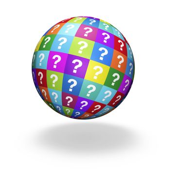 Internet and web concept with questions marks sign and icon on a colorful globe on white background.